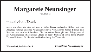 Traueranzeige von Margarete Neunsinger von Pegnitz-Zeitung